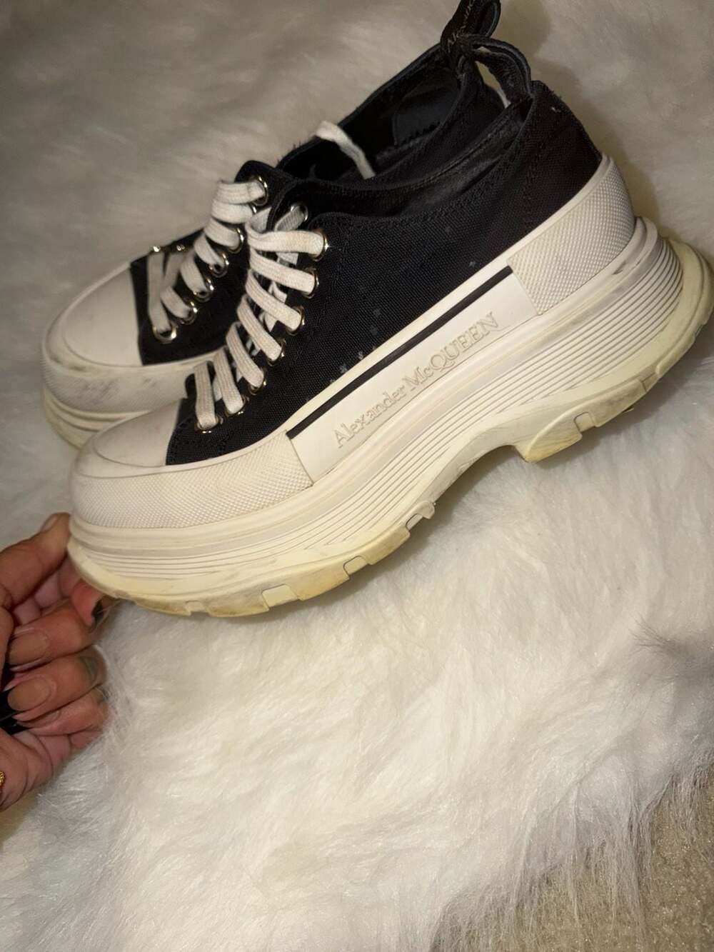 Alexander McQueen Tread Slick Lace Up Canvas Sneakers in Black/White
